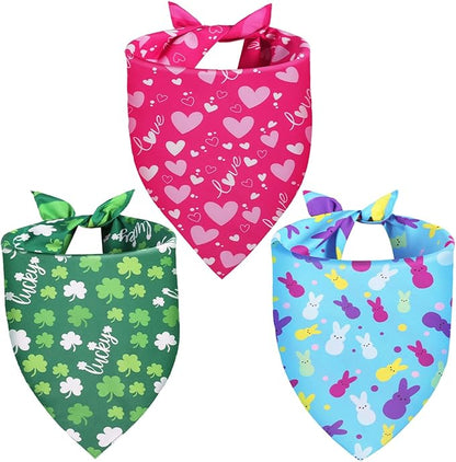 Valentines Dog Bandana St Patricks Day and Easter Dog Bandana XLarge 3PCS, Colorful Scarf for Boy and Girl, Triangle Reversible Bibs.