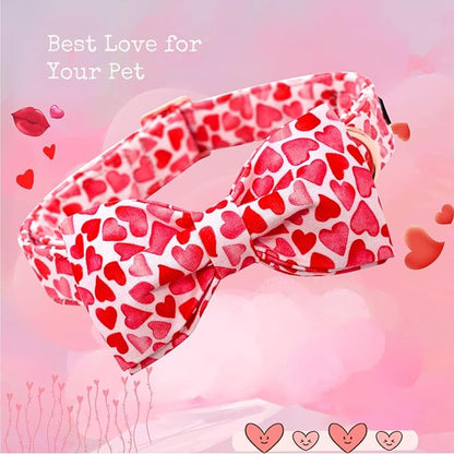 Lionheart glory Dog Collar with Bowtie Valentine's Day Dog Collar for Small Dogs, Hearts Pattern, Handmade Bow, Unique Design, Cotton Material, Adjustable Size, Perfect for Small Dogs