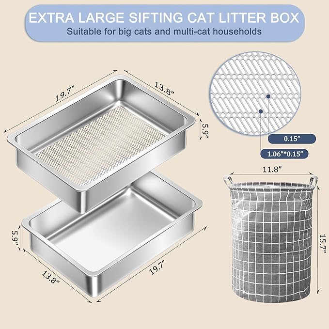 Teheao 2 Pack Stainless Steel Sifting Cat Litter Box for Clumping Litter, XL Extra Large Metal Sifter Tray Pan with Cat Litter Bag, Low Dust, Odor Control, Easy Cleaning (19.7"*13.8"*5.9")
