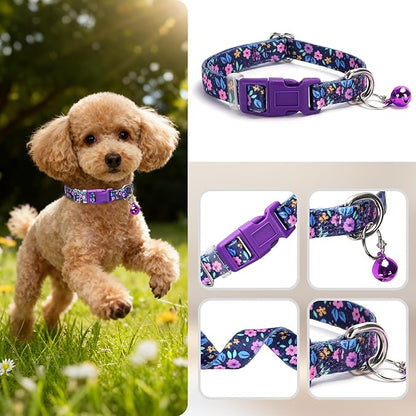 Cute Puppy Collar with Bell-Nylon Dog Collar for Small Breeds, Adjustable XXS XS Tiny Pet Little Dogs Girl Kitten Female Small Animal, for Puppies Purple Flowers X-Small
