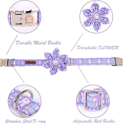 MR. CHUBBYFACE Easter Dog Collar, Purple Rabbit Pet Collar with Flower, Adjustable Puppy Collar Bowtie for Small Medium Large Dogs