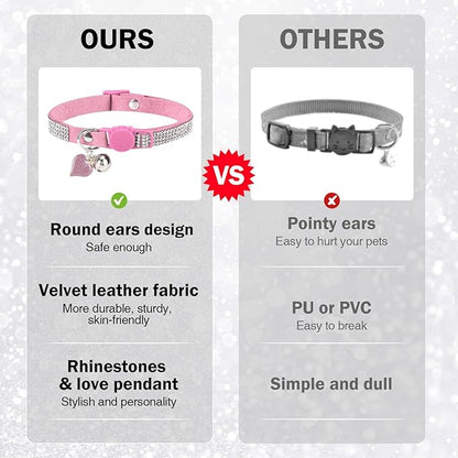 Rhinestone Cat Collar Breakaway with Bell, Diamond Cat Collar with Safety Buckle Quick Release for Girl Boy Small Kitten Pets Puppy,Cute Soft Female Male Cat Collars, Color Pink 7-9"