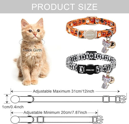 ARING PET 2 Pack Halloween Cat Collars, Breakaway Orange Black White Cotton Kitten Collar with Bells for Girl Boy Cats Ghost Spider Web