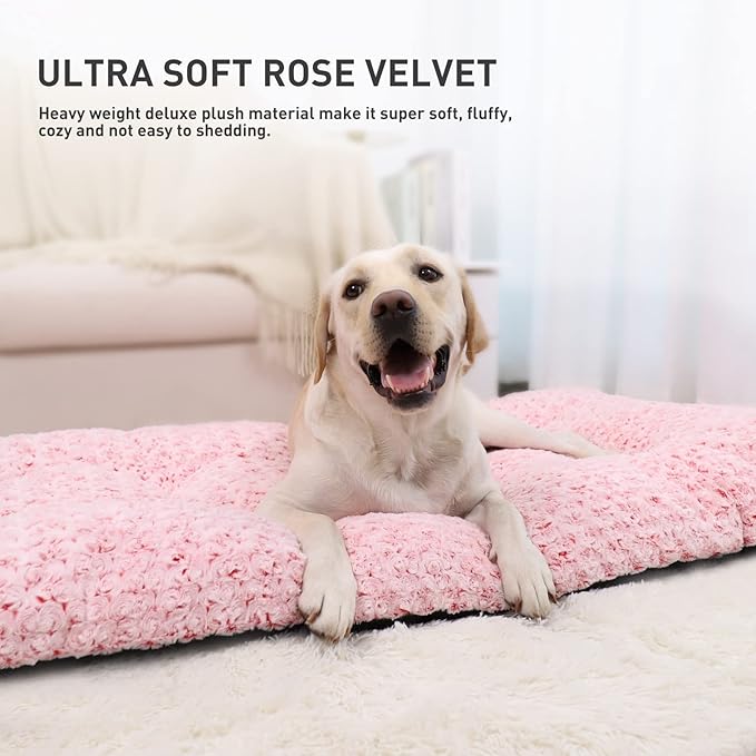 KSIIA Washable Dog Bed Deluxe Plush Dog Crate Beds Comfy Kennel Pad Anti-Slip Pet Sleeping Mat for Large, Jumbo, Medium, Small Dogs Breeds, 35" x 23", Pink