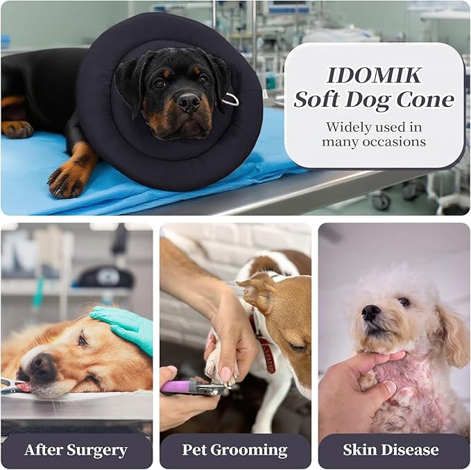 IDOMIK Dog Recovery Collar, Waterproof Soft Dog Cone After Surgery, Comfy Protective Elizabethan Collar Alternative for Dogs Cats, Adjustable Pet Neck Donut Cone Anti-Licking Biting Wounds,Grey,L