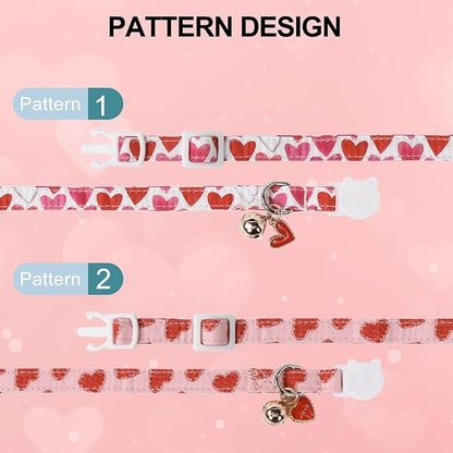 Lionet Paws 2pcs Pack Valentine's Day Cotton Cat Collar,Breakaway Buckle with Pink Red Heart Cute Adjustable Cat Kitten Collar,Ideal for Girl Cats