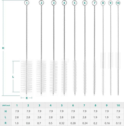 CiaraQ Bottle Cleaning Brushes, 8 Inch Nylon Tube Brush Set, Cleaner for Narrow Neck Bottles Cups with Hook, Set of 10pcs.