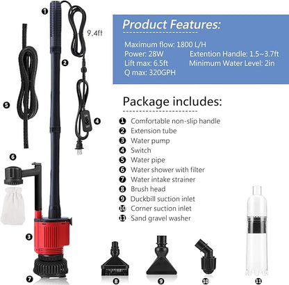 Aquarium Gravel Cleaner Siphon Kit, 6 in 1 Automatic Fish Tank Cleaning Tools Electric Removable Vacuum Water Changer for Changing Water/Removing Detritus/Washing Sands