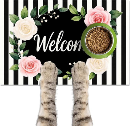 Pet Feeding Mat 24" x 16" Floral Stripe Welcome Design Non Slip Dog Food Mat and Cat Food Mat Easy Clean Puppy Feeding Mat for Indoor Cats Large Pet Food Mat for Food Bowls