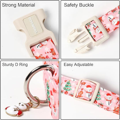 DOGWONG Christmas Dog Collar-Cute Pink Snowman Dog Collars, Adjustable Christmas Pet Collars Puppy Collar with Quick Release Buckle for Girl&Boy Dogs