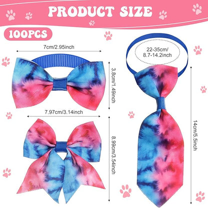 Reginary 100 Pieces Dog Bow Tie Collar Set Include 40 Dog Neckties, and 30 Puppy Bowties, 30 Collar Flowers, Adjustable Pet Ties Grooming for Small Medium Cats Pets Supply(Tie-dye)