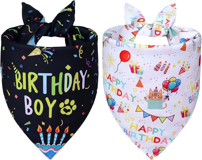 Dog Birthday Bandanas, 2-Pack Reversible 4 Patterns for Small Dogs - Black Boy & White Girl Birthday Scarf, Party Outfit Gift for Pups (9-14" Neck)