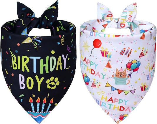 Dog Birthday Bandanas, 2-Pack Reversible 4 Patterns for Small Dogs - Black Boy & White Girl Birthday Scarf, Party Outfit Gift for Pups (9-14" Neck)