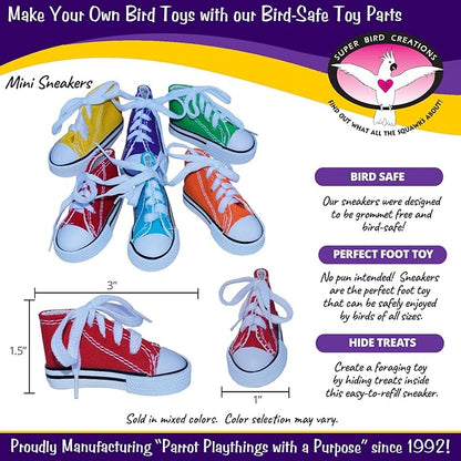 Super Bird Creations SB50011 Sneaker Bird Toy - Durable Safe Chew Toy - Ideal for Cockatiels Parakeets Parrots Small to Large Birds - Vibrant, Assorted Colors 3" x1-1/2 x 1-3/8" (24 Pack)