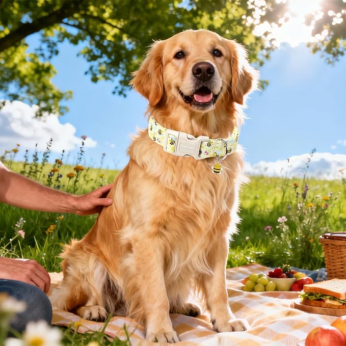 DOGWONG Spring Summer Dog Collar- Bee Flower Dog Collar, Adjustable Soft Girl Boy Dog Collar for Small Medium Large Dogs, L