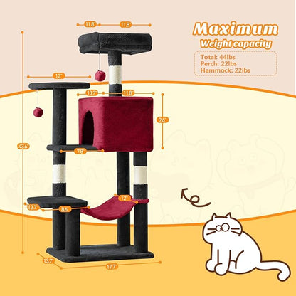 Cat Tree Tower 44 Inch, Small Cat Tower with Condo, Hammock, Sisal Scratching Posts, Extended Perch, Pet Play House for Indoor Kittens and Cats, Black Red