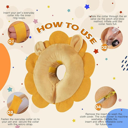 IEUUMLER Inflatable Recovery Dog Collar, Protective Donut Cone, Adjustable Soft Collar for Dog and Cat After Surgery Prevent from Biting & Scratching EU002 - Brown Lion L