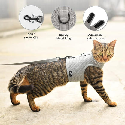 Cat Harness and Leash for Walking Escape Proof Breathable Mesh Fabric, Solid Grey, Medium, Adjustable Cat Walking Jackets, Padded Stylish Cat Vest
