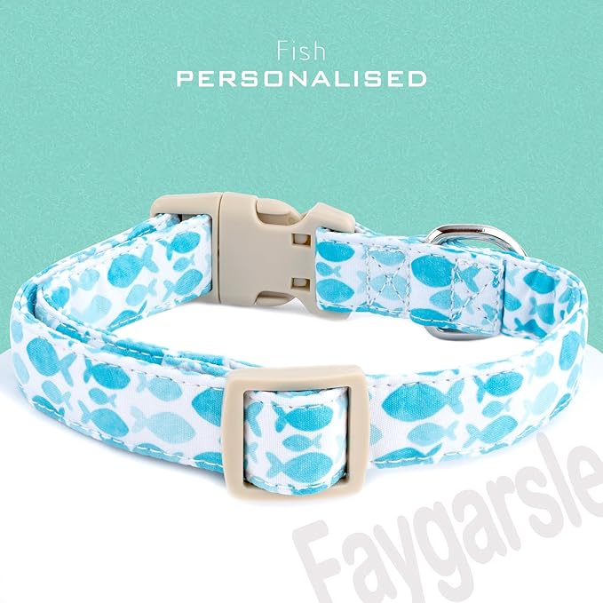 Faygarsle Fish Pattern Dog Collar, Adjustable with Buckle, Blue and White, Summer Design for Small Medium Large Dogs M