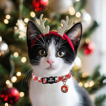 2 Pack Christmas Cat Collars - Breakaway Cat Collar with Bell, Christmas Wreath and Tree Pendant, Winter Adjustable Kitten Collars for Girl Boy Cats, Pink&Plaid