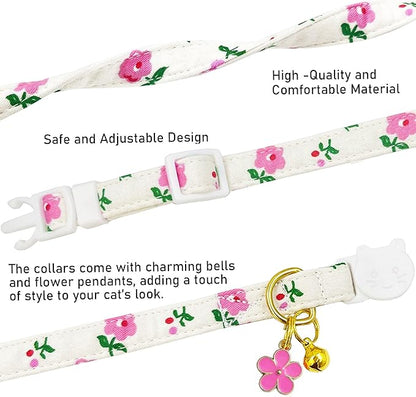 2 Pack Cotton Breakaway Cat Collars Set with Bell and Flower Pendant, Cute Floral Fruit Patterned, Adjustable 7.5-11Inch, Include A Mouse Toy Gift (Heart Cherry)