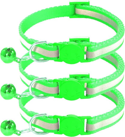 3 Pack Reflective and Breakaway Cat Collars with Bells，Adjustable Kitten Collars from 7.5 to 12.5 Inches, Ideal of Kitten Collar, Suitable for Girls and Boys(Green)