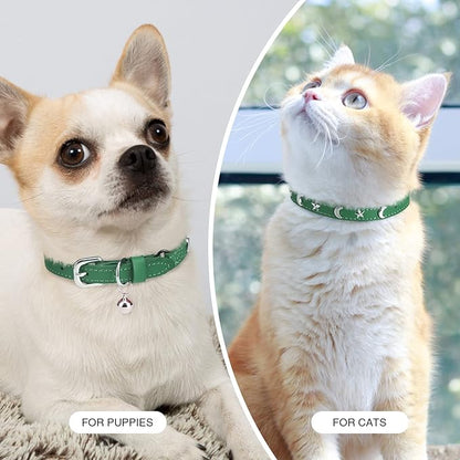 Leather Cat Collars for Boy Girl Cats with Bell and Safety Elastic Belt, Personalized Star and Moon Stud Adjustable Safe Buckle Collar for Kitty Small Big Cats Size 7-9 Inch, Green