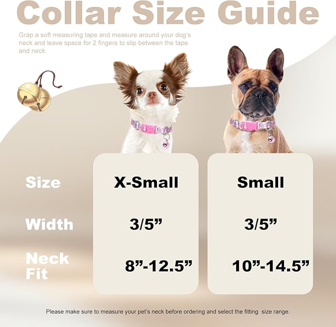 Small Dog Collar with Bell - Durable Nylon Collar for Small Breeds, Adjustable Flower Pattern Collar for Chihuahua Pomeranian Yorkie, Heavy-Duty for Active Puppies（S）