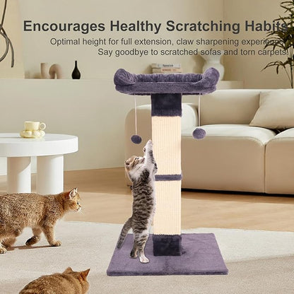 34" Cat Scratching Post for Indoor Cats, Sisal Cat Scratcher with Large Plush Perch, Vertical Posts with Elevated Bed and with Two Dangling Balls, Removable & Washable Cover, Dark Grey