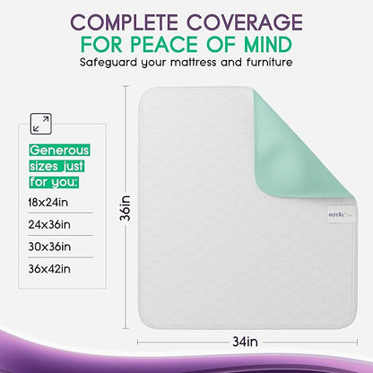 Incontinence Bed Pads - 4 Pack 34" x 36" Reusable Waterproof Mattress Protectors - Highly Absorbent, Machine Washable - for Children, Pets and Seniors - Multi Color - Royal Care