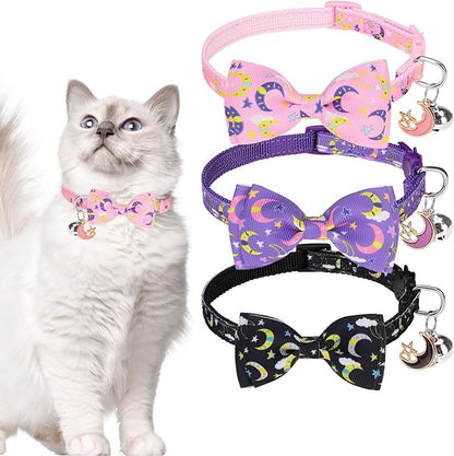 SCENEREAL Cat Collar Breakaway 3 Pack - Safety Kitten Collar with Bells Moons Stars Bowtie, Spring Summer Pet Accessory for for Girl Boy Male Outdoor and House Cats Kitty Adjustable 7''-12''