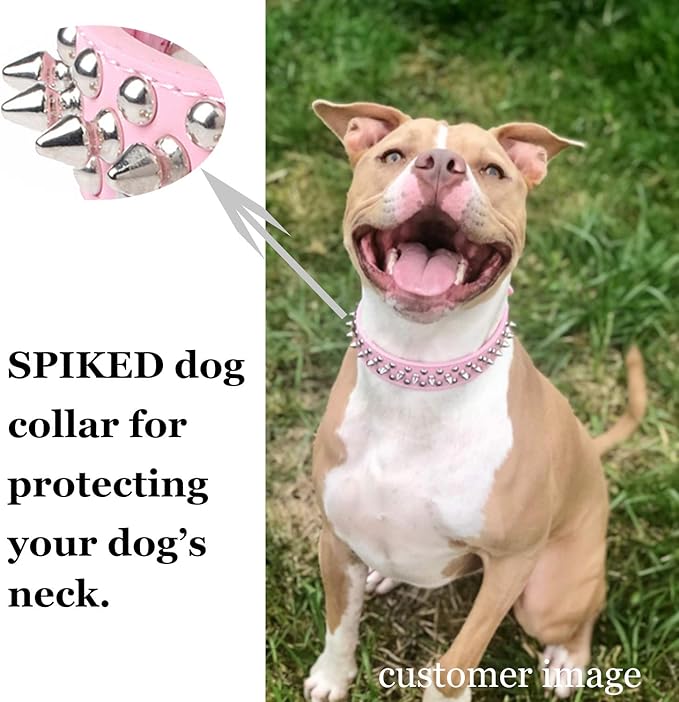 TEEMERRYCA Adjustable Leather Spiked Studded Dog Collars with a Squeak Ball Gift for Small Medium Large Pets Like Cats/Pit Bull/Bulldog/Pugs/Husky, Pink, XS 8.3-10.6 inches
