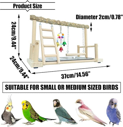 PINVNBY Bird Playground Parrot Playstand Birds Play Stand Wood Exercise Perch Gym Stand Playpen Ladder with Feeder Cups Hanging Swing Toys for Parakeet Conure Cockatiel Budgie Cage Accessories