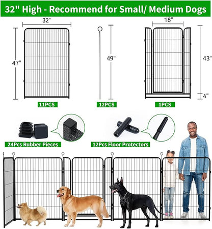 Dog Playpen Outdoor Extra Wide 12 Piece Panels Heavy Duty Dog Fence 47" Height Anti-Rust with Doors Portable for RV Camping Yard, Total 32FT, 79 Sq.ft, Snowy Black