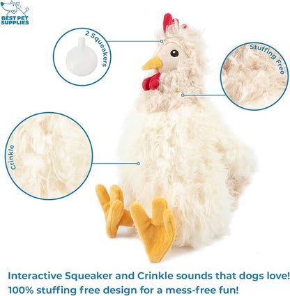 Best Pet Supplies Interactive Squeaky Dog Chew Toy, Ideal Dog Toys for Chewers, Small, Medium & Large Dogs, and Fetch Lovers - Crinkle Chicken (Brown, Beige, Wine Red), Large