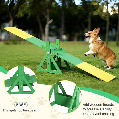 94.5" Adjustable Dog Agility Seesaw 4-Level Height Training Teeter for Small to Large Dogs Sturdy Wooden Dog Agility Equipment with Non-Slip Surface for Backyard Exercise Confidence Course (Seesaw)