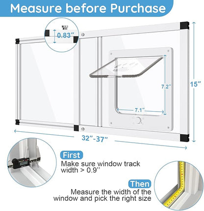 Sliding Cat Door for Window, Fits 32"-37" Width Window, 2-Min Install | Aluminum Frame + HD Glass | Weatherproof Design | Magnetic Closure Window Cat Door Insert, Adjustable Pet Door Window for Cats