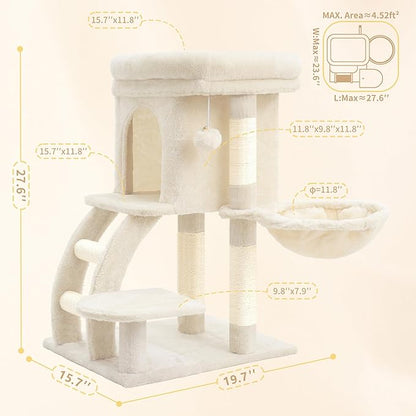 Heybly Cat Tree Tower, Cat condo for Indoor Kittens, Cat House with Wide Plush Top Perch, Ladder, Basket, Sisal-Covered Scratching Posts, Cozy Activity Center for pet, Beige HCT009SM