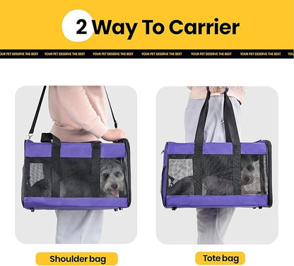 Dog Carrier Soft Sided, Large Cat Carrier with Inner Safety Leash, Pet Transport Carrier for Large Cats and Medium Dogs up to 20 Lbs, Collapsible Travel Puppy Carrier Bag -Purple L