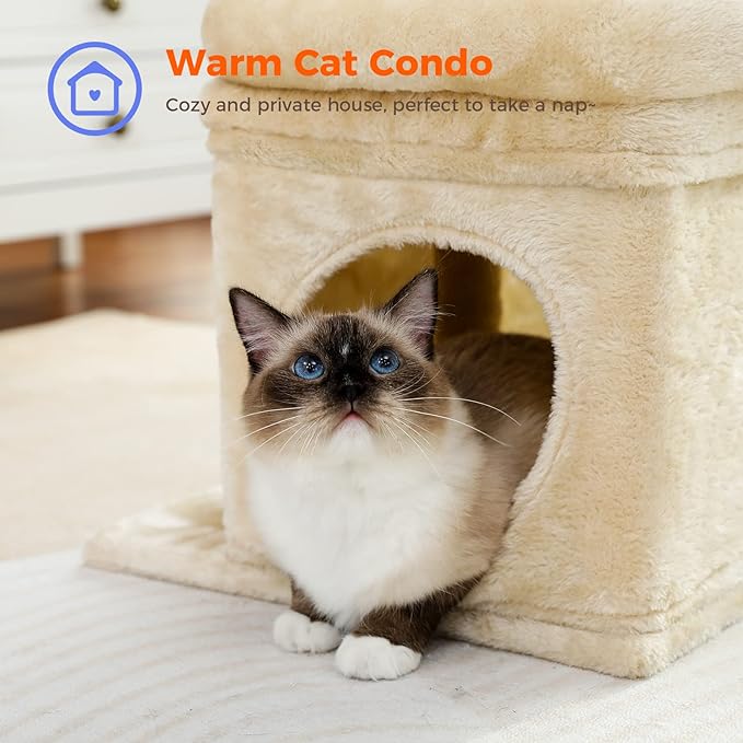 PEQULTI Cat Tree Cat Tower for Indoor Cats with Private Cozy Cat Condo, Natural Sisal Scratching Posts and Plush Pom-pom for Small Cats,Beige
