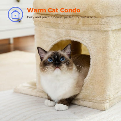 PEQULTI Cat Tree Cat Tower for Indoor Cats with Private Cozy Cat Condo, Natural Sisal Scratching Posts and Plush Pom-pom for Small Cats,Beige