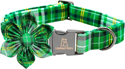 Lionheart glory St. Patrick's Day Dog Collar with Flower Dog Collar for Small Dogs, Green Plaid Cute Collars Spring Dogs Collars Flower Puppy Heavy Duty Cute