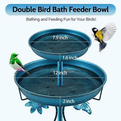 Daoeny Bird Bath for Outside, 42In Vintage Freestanding Birdbaths for Outdoors, Double Metal Bird Bath Feeder Bowls for Garden Patio Yard Lawn Decor, Upgraded 5-Pronged Base (Blue)