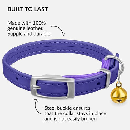 CollarDirect Leather Cat Collar with Bell - Kitten Collar, Small and Big Cat Collar for Boy Cats, Girl Cats with Safety Elastic Strap (Neck Fit 8"-11", Purple)