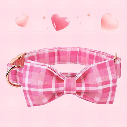 Lionheart glory Pink Plaid Dog Collar, Adjustable Dog Collar with Bowtie, Pet Gift Girl Collar for Dog Soft Bowtie Dog Collars for Large Dogs