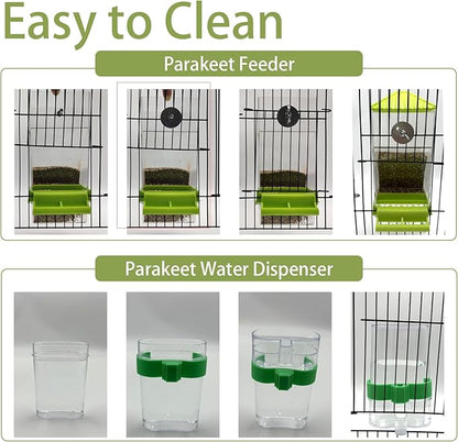 No Mess Bird Feeder Water Dispenser Set, Automatic Parrot Feeder for Cage Transparent Acrylic Food Container Drinker Cage Accessories Parakeet Cockatiel Lovebird Finch (Green)