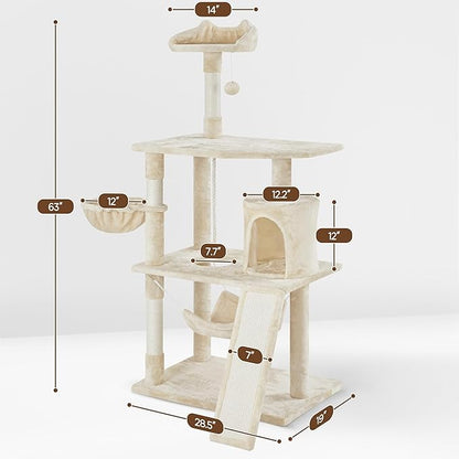 Yaheetech 63.5in Extra Large Cat Tree Condo with Sisal-Covered Scratching Post Plush Perch Hammock, Cat Tower Activity Center Kitten Furniture Play House