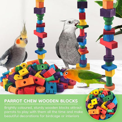 Bird Toys for Parrots, 200 Pcs Colorful Multi-Shaped DIY Wooden Blocks Craft, Natural Parrot Chew Training Foot Toy for Amazon African Grey Cockatiels Conure Monk Parakeet