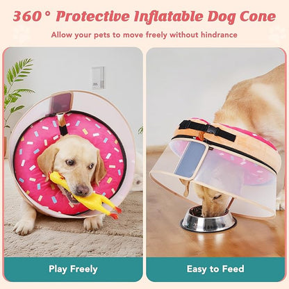 Inflatable Dog Cone with Anti-Licking Clear Shield, Protective Dog Donut Collar After Surgery, Adjustable Soft Recovery Cone for Pets, Alternative Collar with Buckle Strap (Pink, L)
