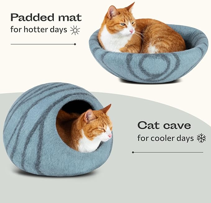 MEOWFIA Cat Cave – Premium Felt Cat Bed for Indoor Cats, Handmade Merino Wool (Aquamarine, Medium)
